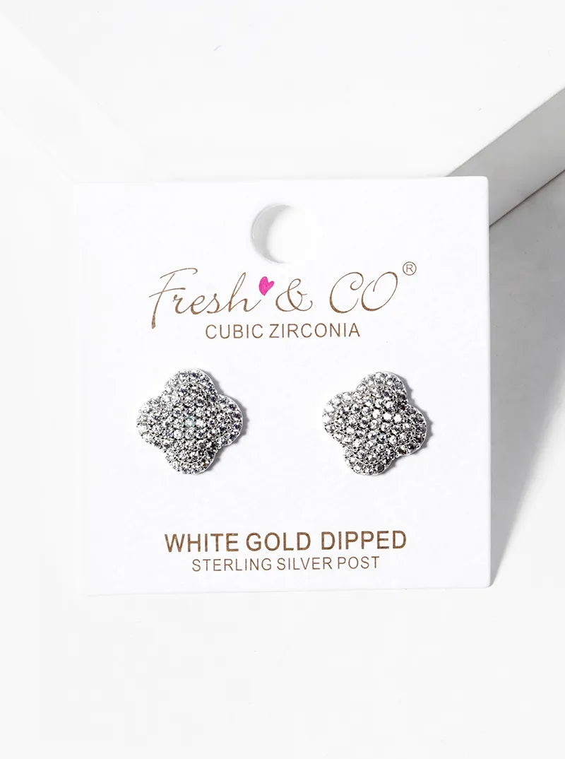 18K Gold Dipped Micro Pave Set 13mm Quatrefoil 925 Sterling Silver Post Stud Earrings
