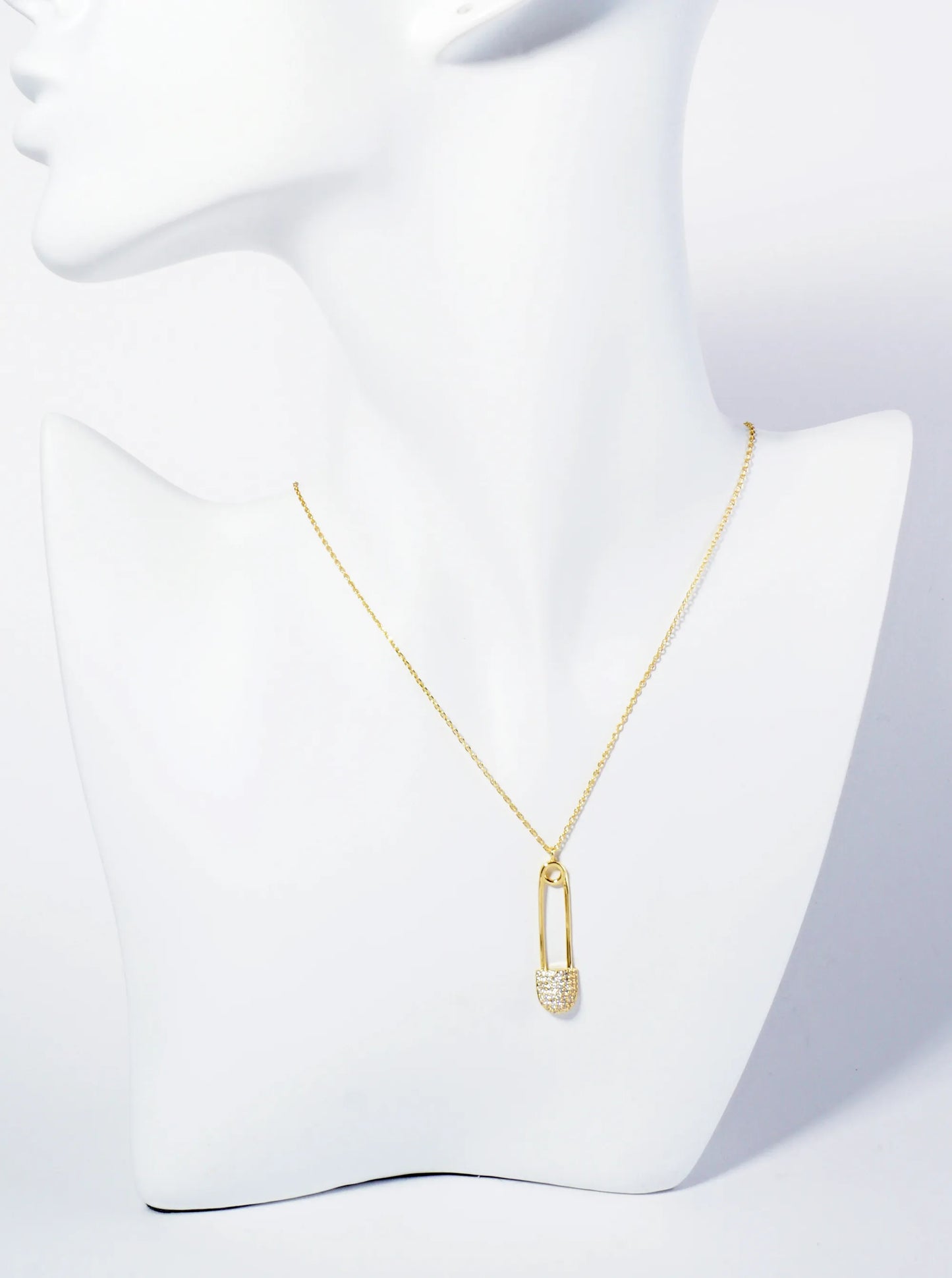 18K Gold Dipped Micro Pave Set CZ Safety Pin Pendant Necklace