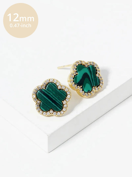 18K Gold Dipped Micro Pave Set Cubic Zirconia 12mm Semi-Precious Flower Stud Earrings