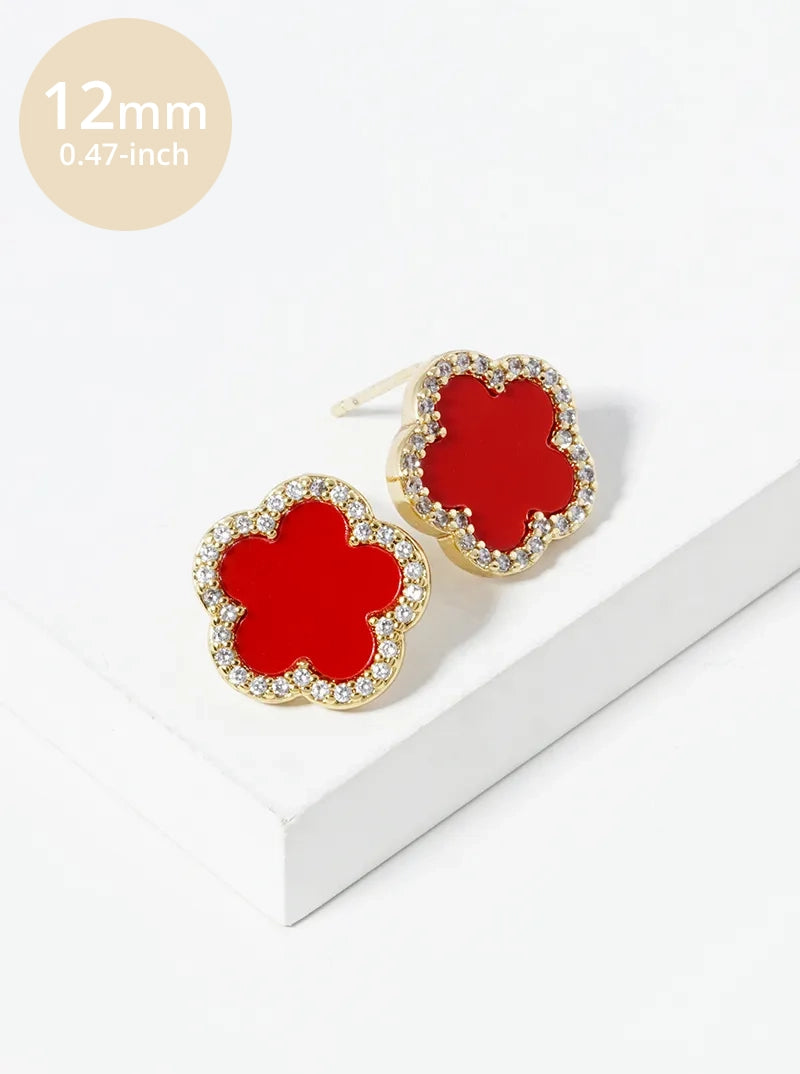 18K Gold Dipped Micro Pave Set Cubic Zirconia 12mm Semi-Precious Flower Stud Earrings