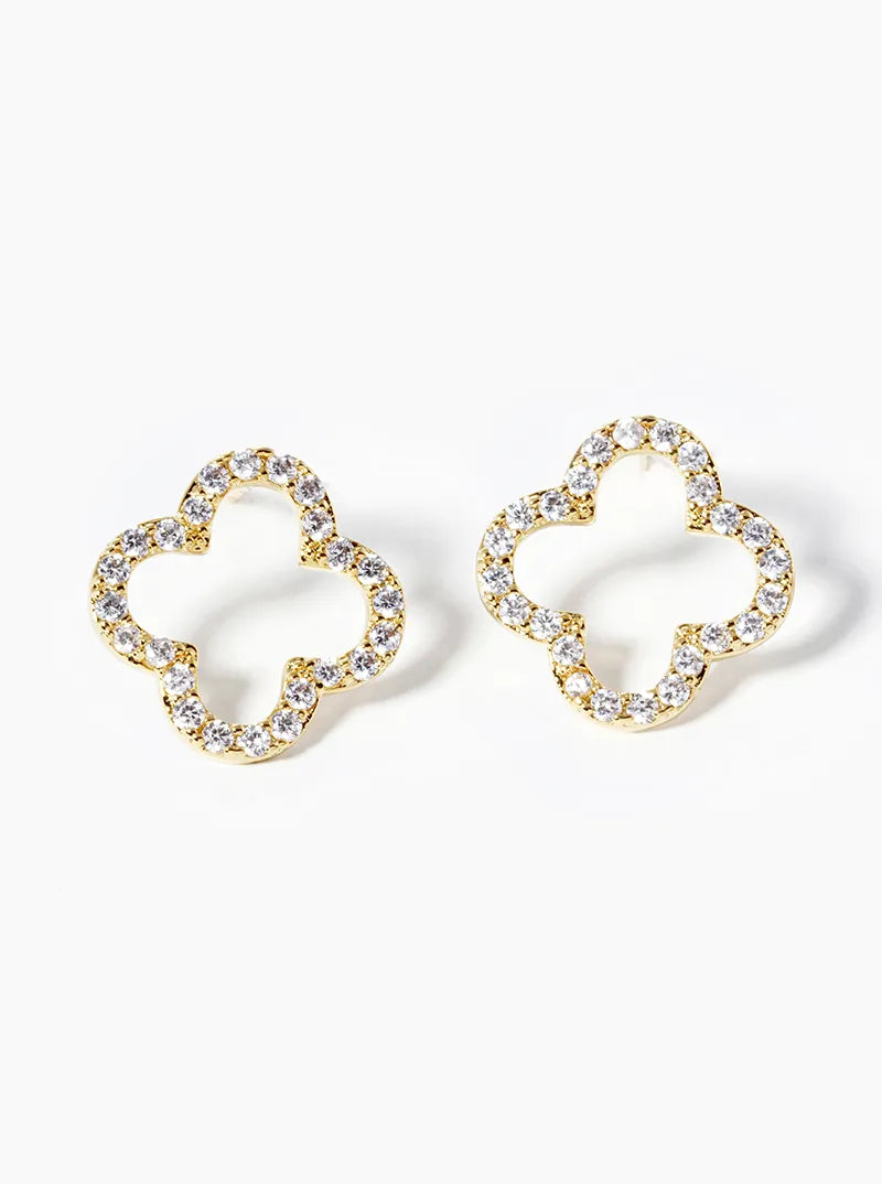 18K Gold Dipped Micro Pave Set Cubic Zirconia 13mm Quatrefoil 925 Sterling Silver Post Stud Earrings