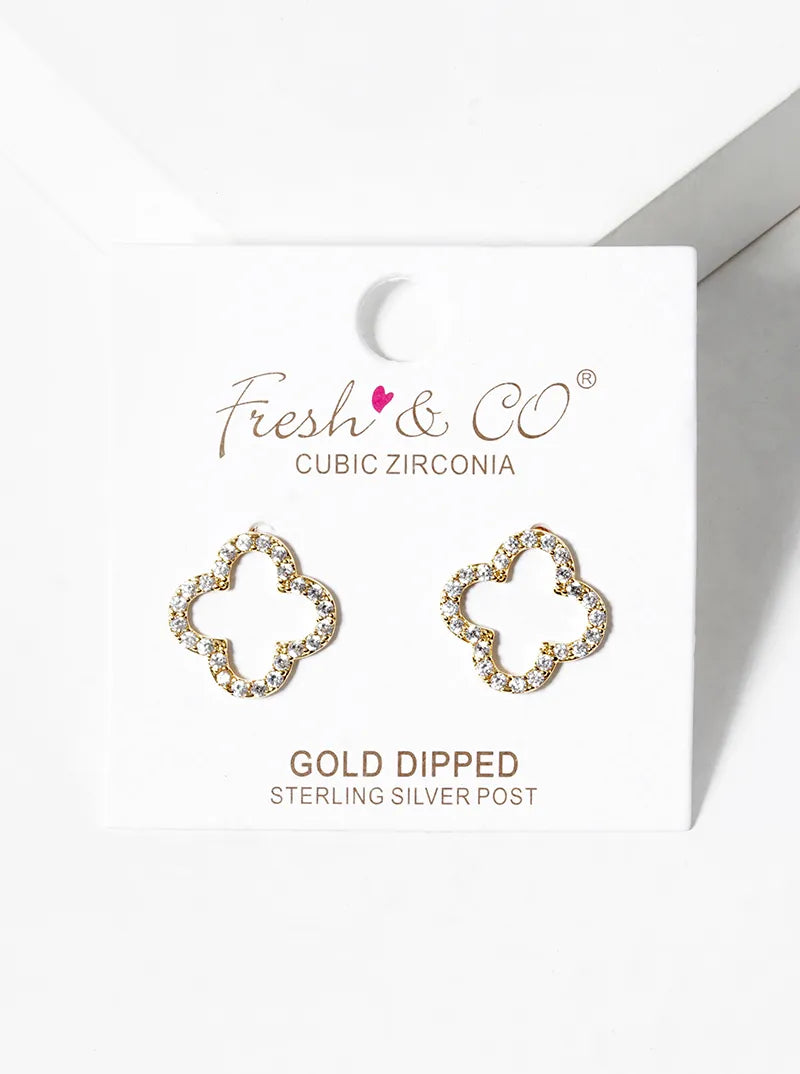 18K Gold Dipped Micro Pave Set Cubic Zirconia 13mm Quatrefoil 925 Sterling Silver Post Stud Earrings