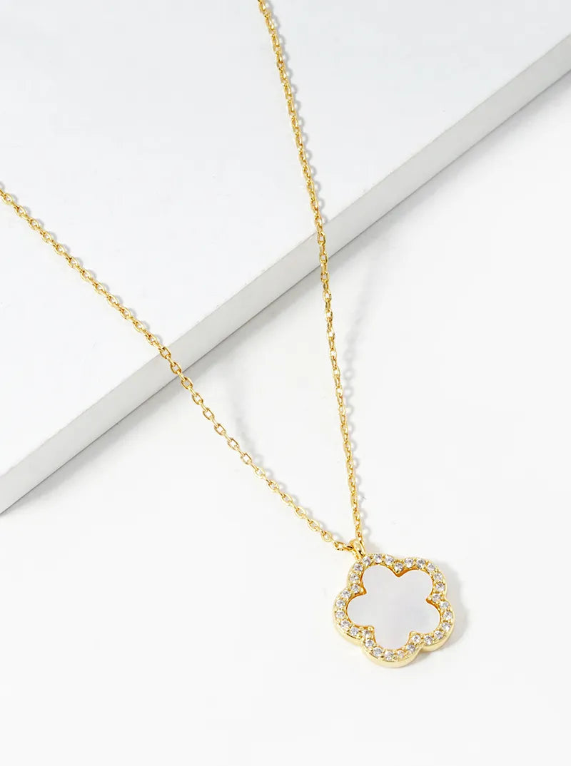 18K Gold Dipped Micro Pave Set Cubic Zirconia 13mm Semi-Precious Flower Pendant Necklace