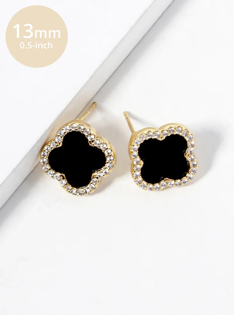 18K Gold Dipped Micro Pave Set Cubic Zirconia 13mm Semi-Precious Quatrefoil 925 Sterling Silver Post Stud Earrings