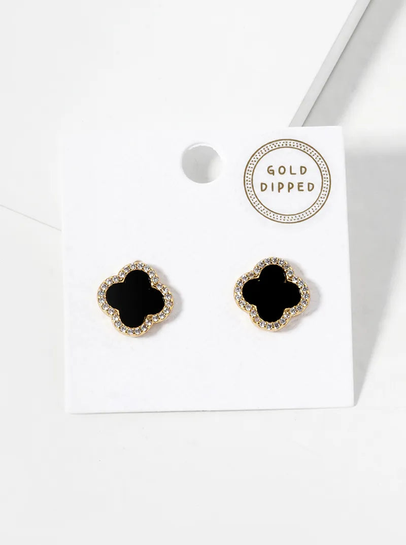 18K Gold Dipped Micro Pave Set Cubic Zirconia 13mm Semi-Precious Quatrefoil 925 Sterling Silver Post Stud Earrings