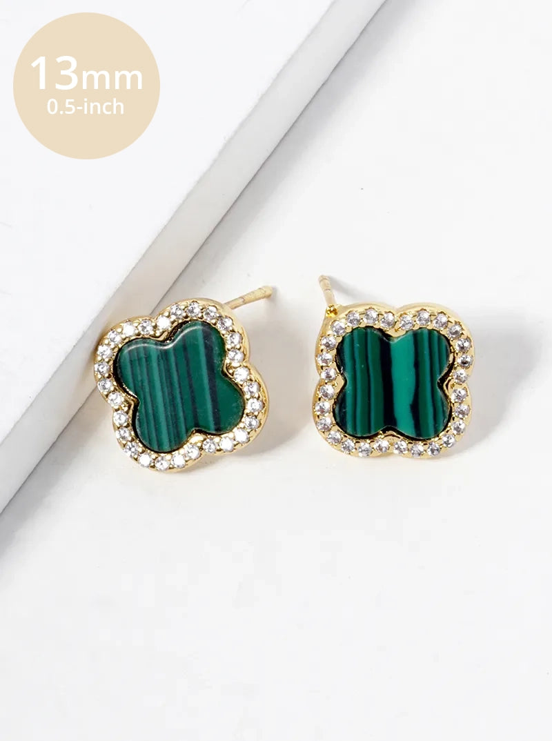 18K Gold Dipped Micro Pave Set Cubic Zirconia 13mm Semi-Precious Quatrefoil 925 Sterling Silver Post Stud Earrings