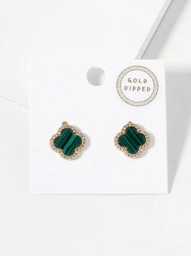 18K Gold Dipped Micro Pave Set Cubic Zirconia 13mm Semi-Precious Quatrefoil 925 Sterling Silver Post Stud Earrings