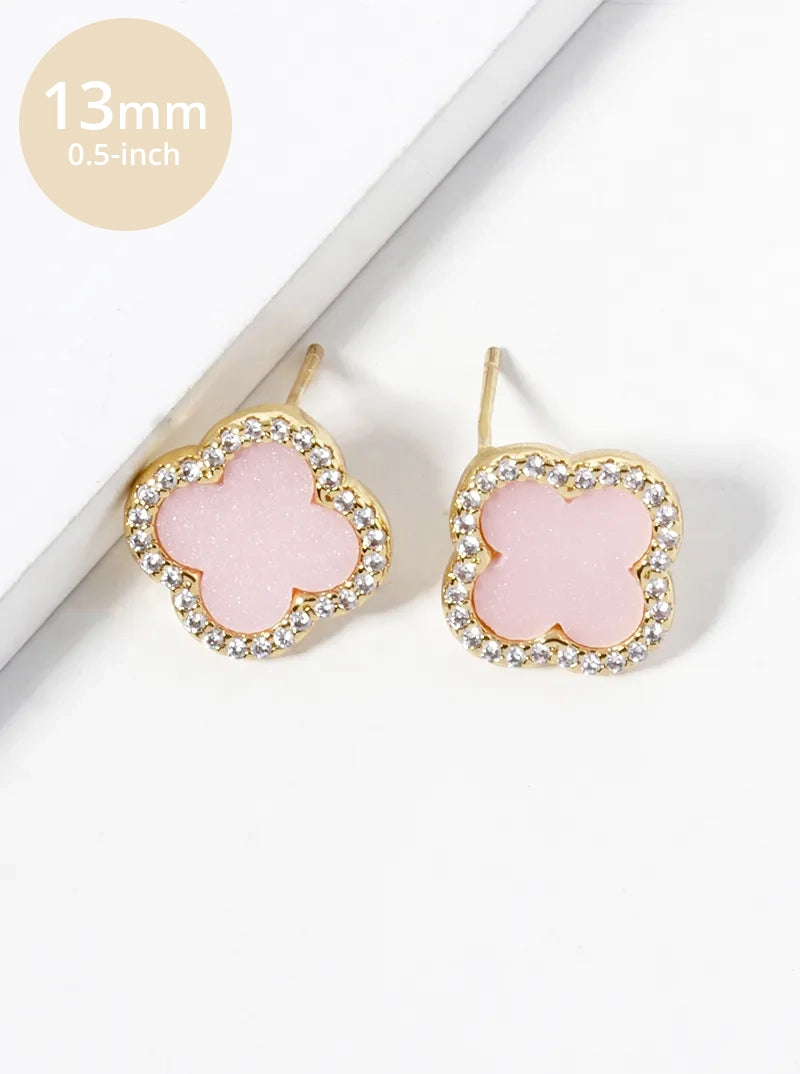 18K Gold Dipped Micro Pave Set Cubic Zirconia 13mm Semi-Precious Quatrefoil 925 Sterling Silver Post Stud Earrings