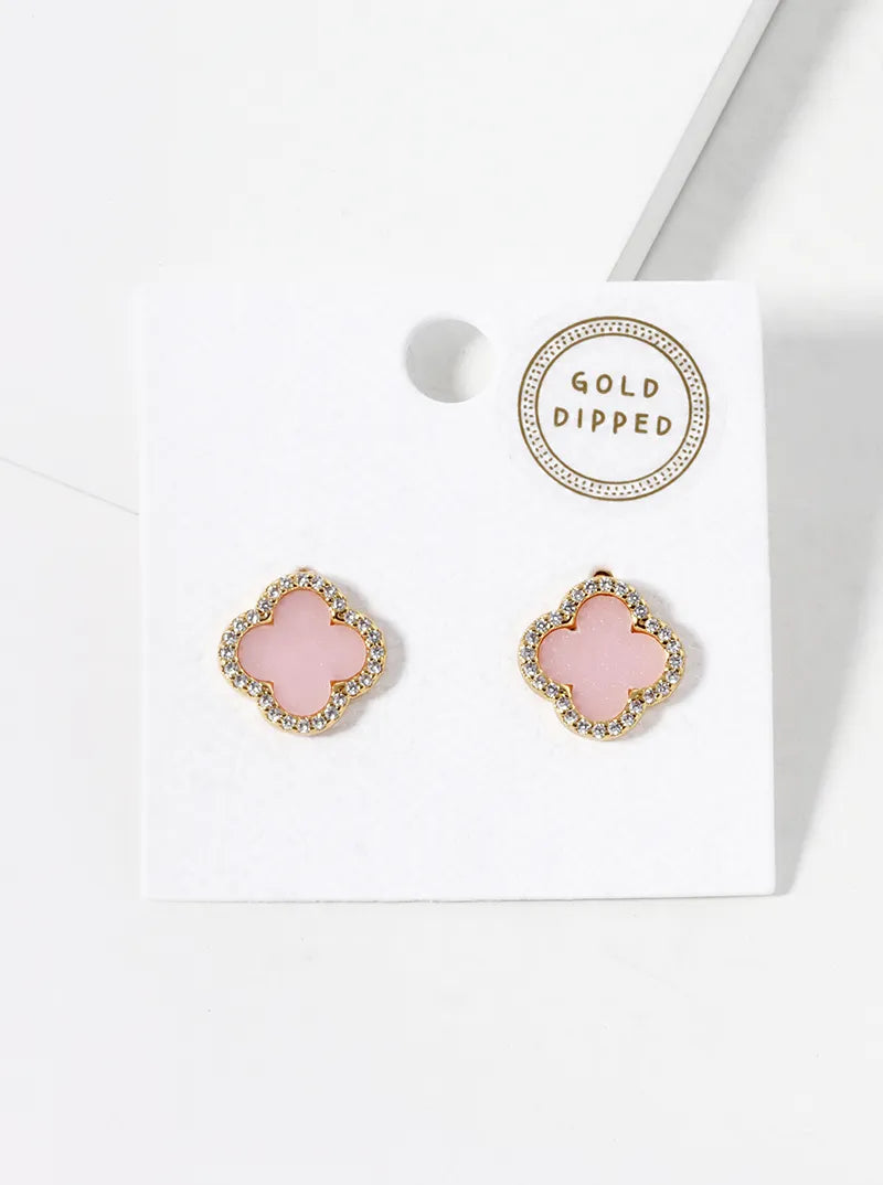 18K Gold Dipped Micro Pave Set Cubic Zirconia 13mm Semi-Precious Quatrefoil 925 Sterling Silver Post Stud Earrings
