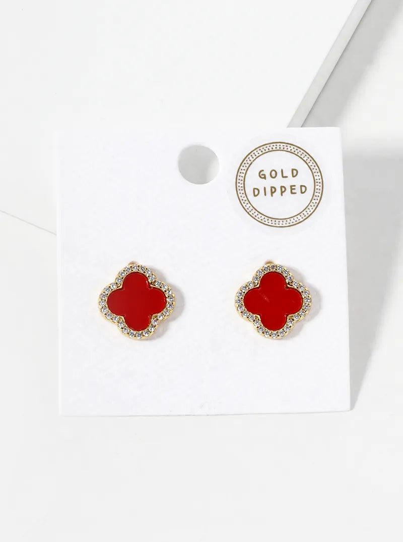 18K Gold Dipped Micro Pave Set Cubic Zirconia 13mm Semi-Precious Quatrefoil 925 Sterling Silver Post Stud Earrings