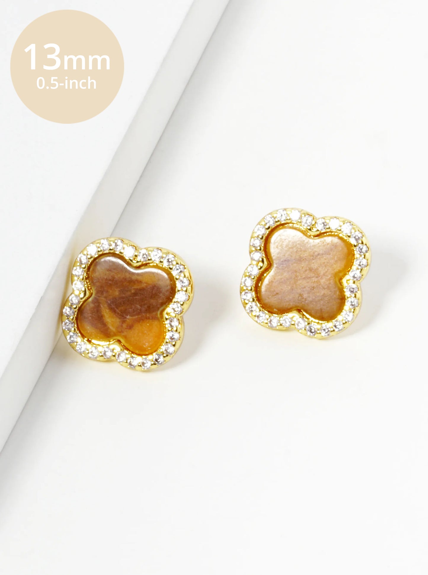 18K Gold Dipped Micro Pave Set Cubic Zirconia 13mm Semi-Precious Quatrefoil 925 Sterling Silver Post Stud Earrings