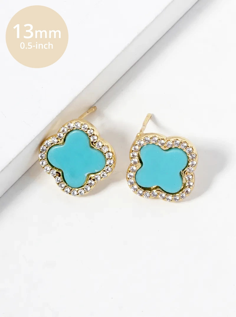 18K Gold Dipped Micro Pave Set Cubic Zirconia 13mm Semi-Precious Quatrefoil 925 Sterling Silver Post Stud Earrings