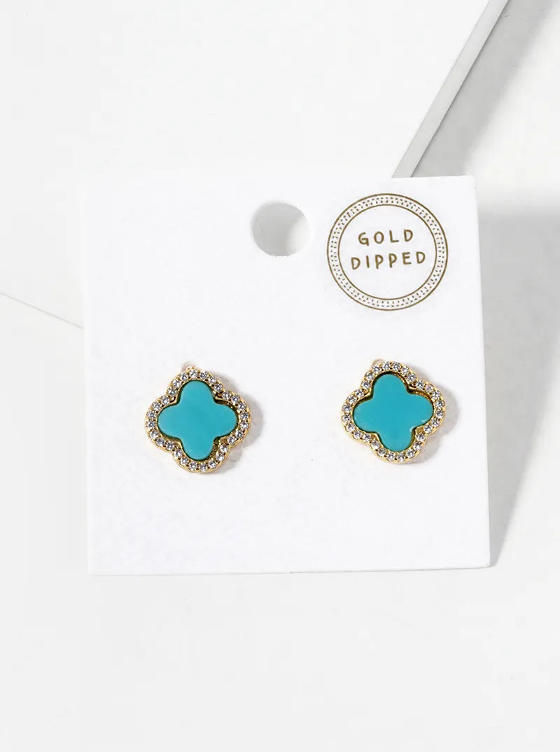 18K Gold Dipped Micro Pave Set Cubic Zirconia 13mm Semi-Precious Quatrefoil 925 Sterling Silver Post Stud Earrings