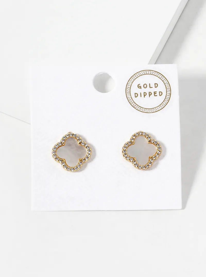 18K Gold Dipped Micro Pave Set Cubic Zirconia 13mm Semi-Precious Quatrefoil 925 Sterling Silver Post Stud Earrings