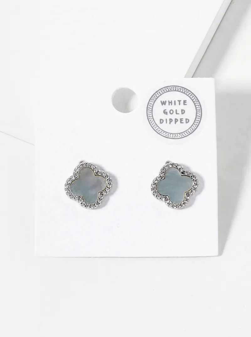 18K Gold Dipped Micro Pave Set Cubic Zirconia 13mm Semi-Precious Quatrefoil 925 Sterling Silver Post Stud Earrings