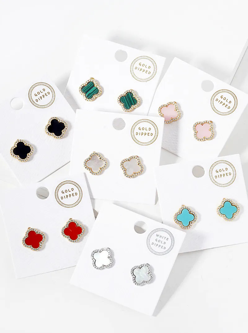 18K Gold Dipped Micro Pave Set Cubic Zirconia 13mm Semi-Precious Quatrefoil 925 Sterling Silver Post Stud Earrings