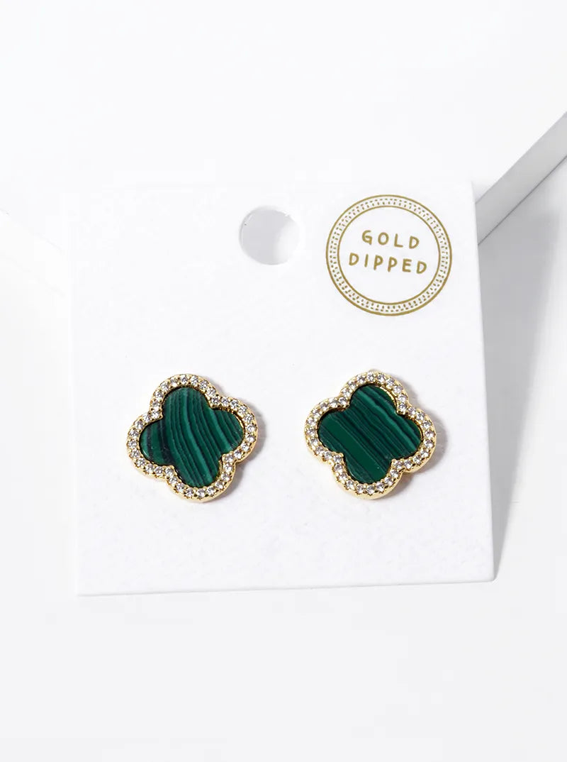 18K Gold Dipped Micro Pave Set Cubic Zirconia 15mm Semi-Precious Quatrefoil 925 Sterling Silver Post Stud Earrings