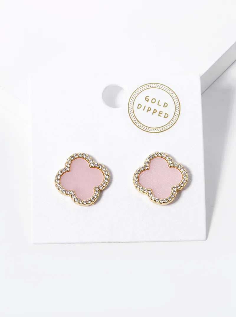 18K Gold Dipped Micro Pave Set Cubic Zirconia 15mm Semi-Precious Quatrefoil 925 Sterling Silver Post Stud Earrings