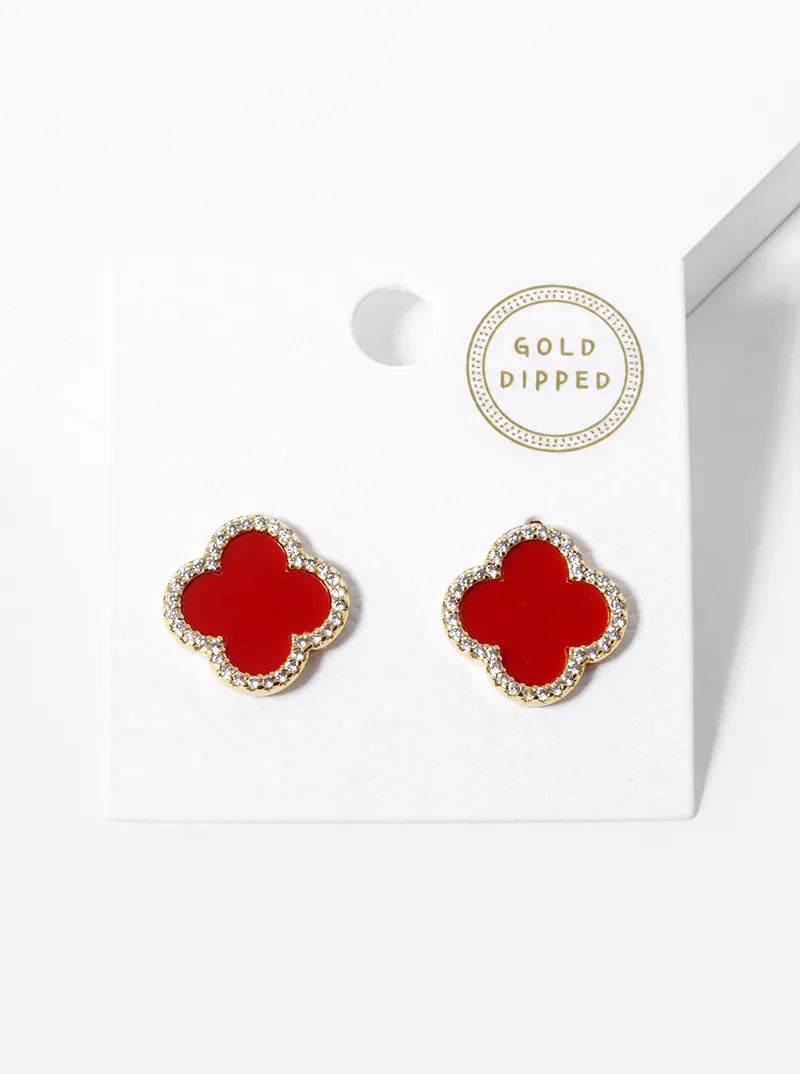 18K Gold Dipped Micro Pave Set Cubic Zirconia 15mm Semi-Precious Quatrefoil 925 Sterling Silver Post Stud Earrings