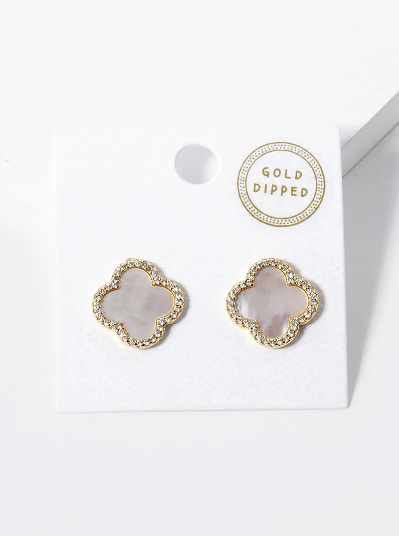18K Gold Dipped Micro Pave Set Cubic Zirconia 15mm Semi-Precious Quatrefoil 925 Sterling Silver Post Stud Earrings
