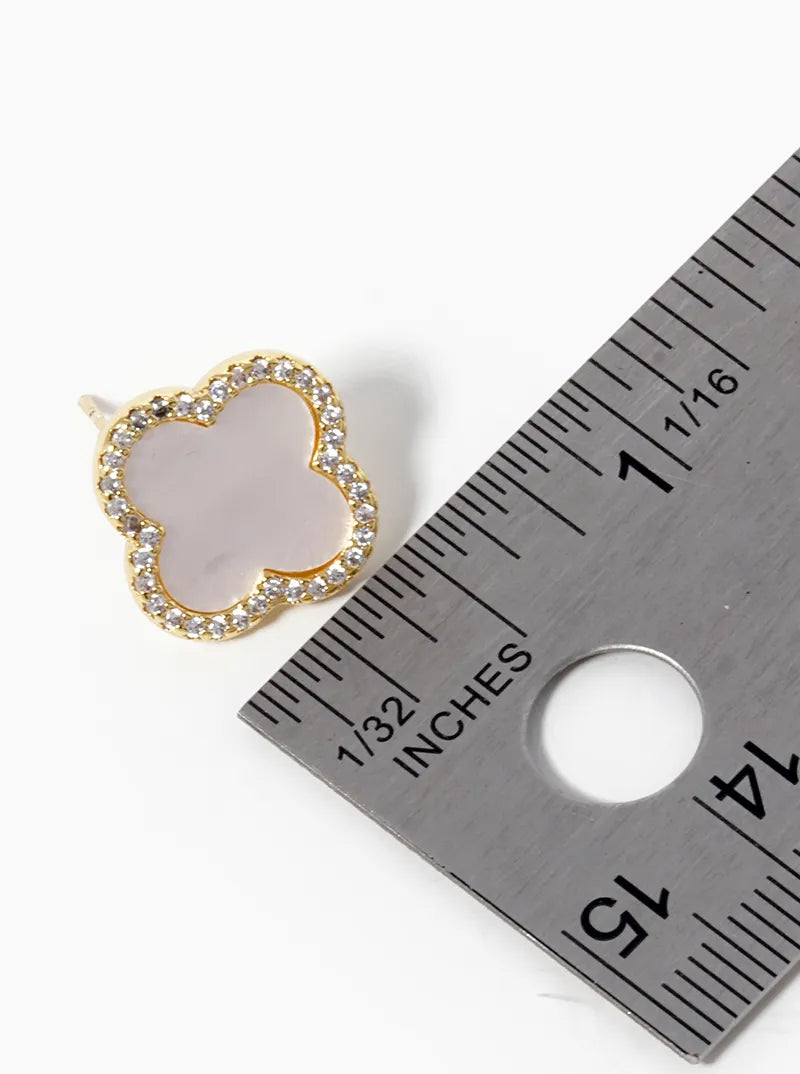 18K Gold Dipped Micro Pave Set Cubic Zirconia 15mm Semi-Precious Quatrefoil 925 Sterling Silver Post Stud Earrings