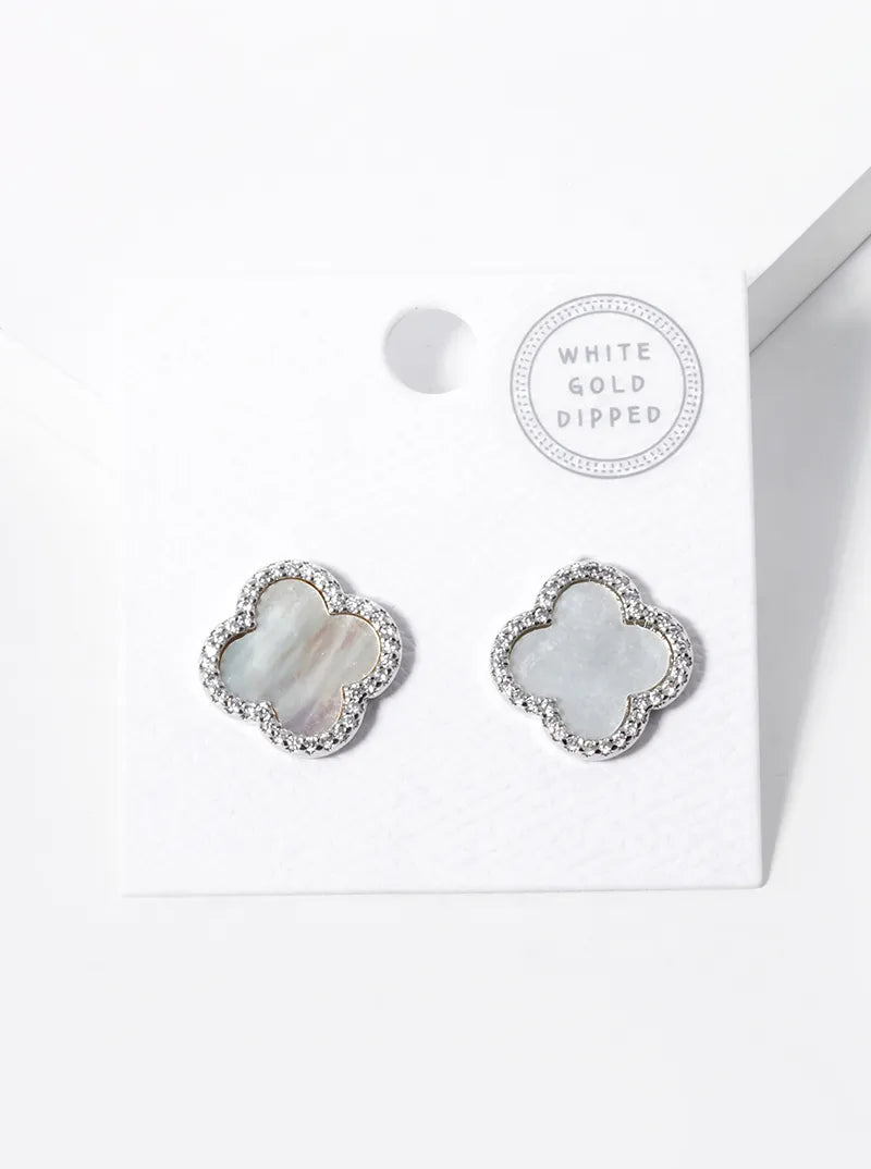 18K Gold Dipped Micro Pave Set Cubic Zirconia 15mm Semi-Precious Quatrefoil 925 Sterling Silver Post Stud Earrings