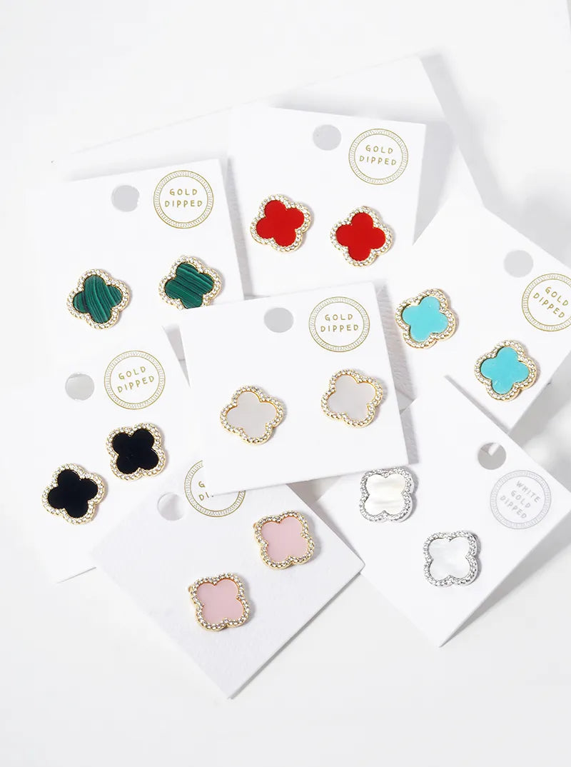 18K Gold Dipped Micro Pave Set Cubic Zirconia 15mm Semi-Precious Quatrefoil 925 Sterling Silver Post Stud Earrings