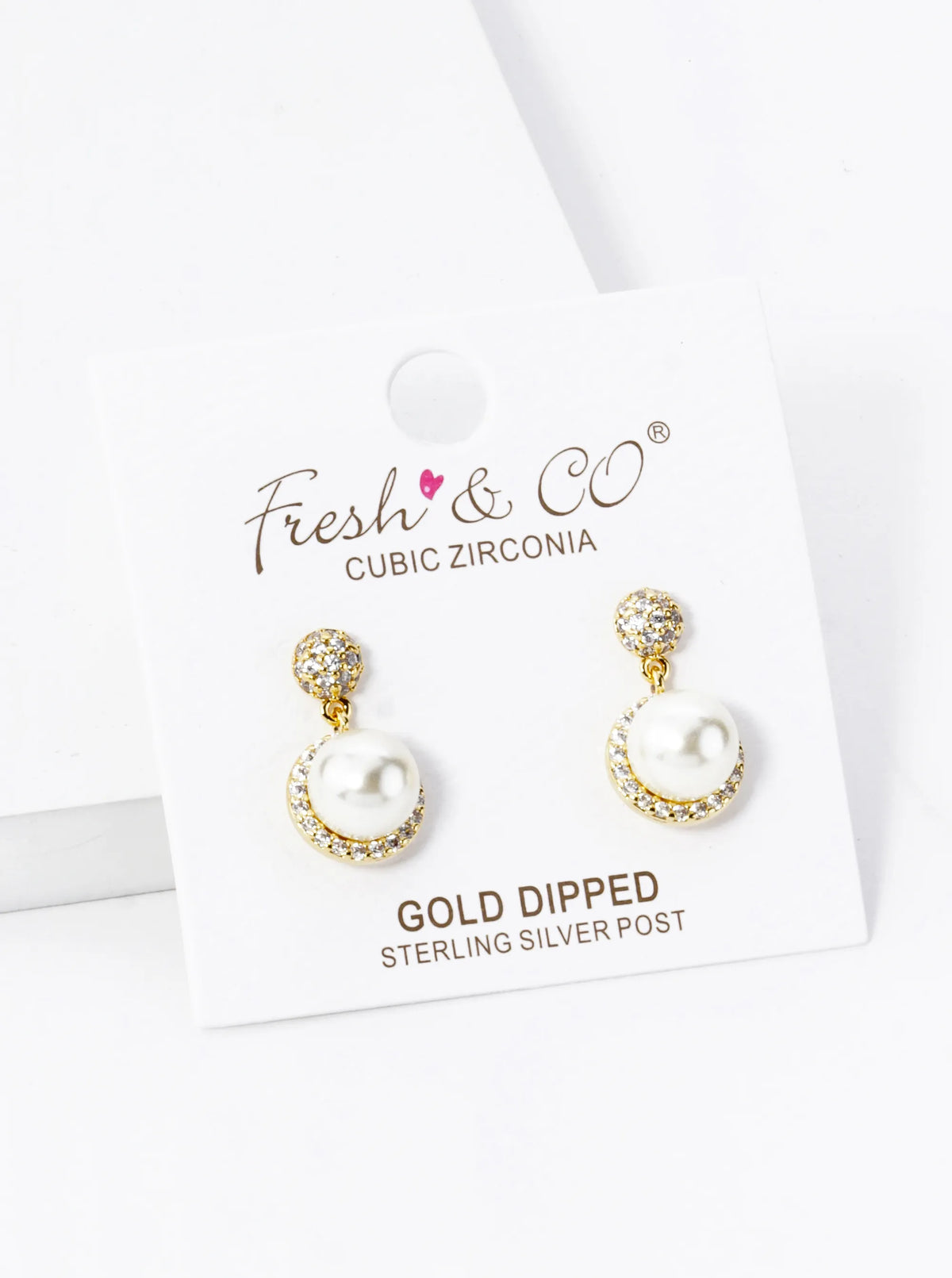 18K Gold Dipped Micro Pave Set Cubic Zirconia 7mm Pearl Dangle Post Earrings
