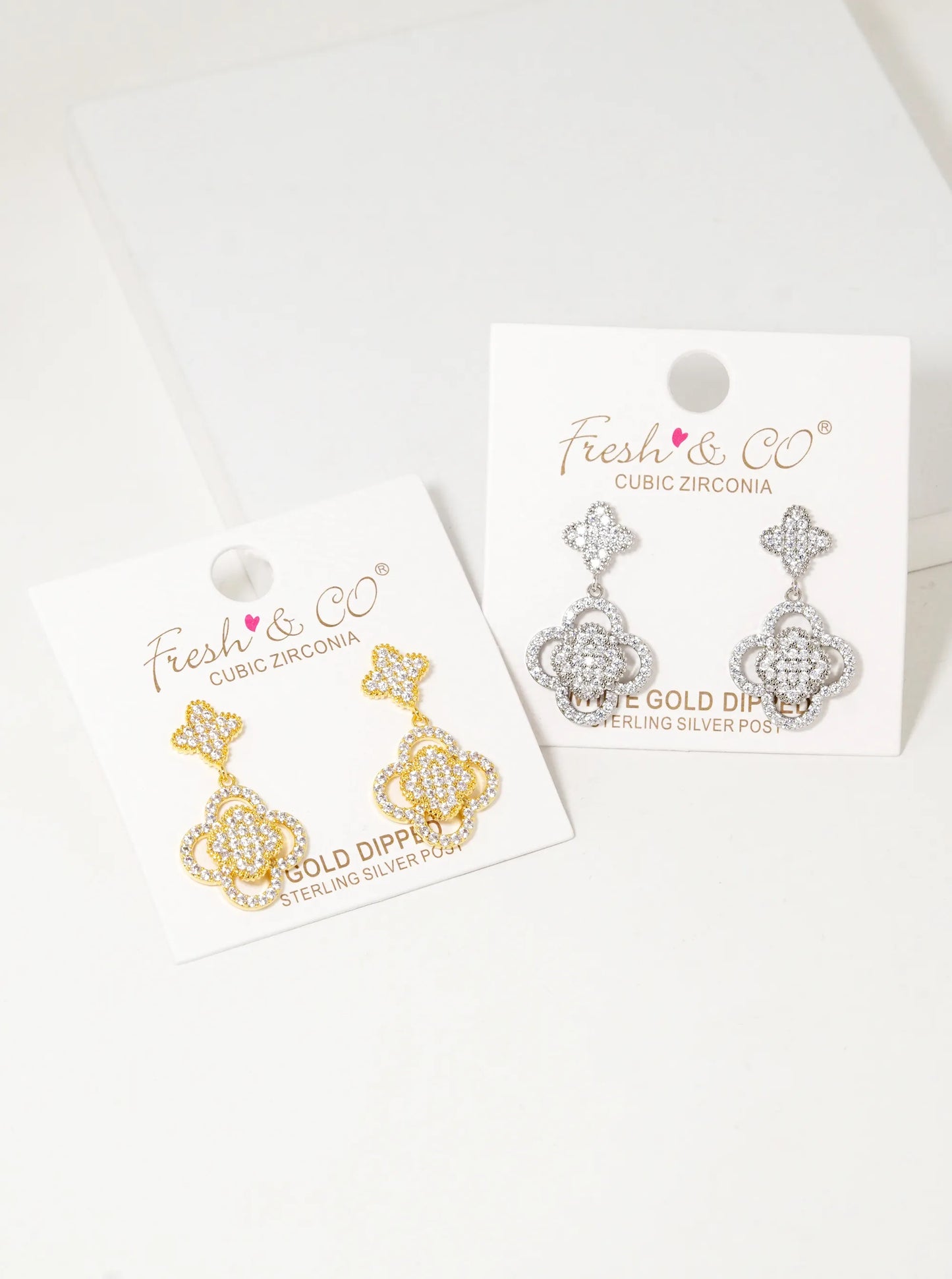 18K Gold Dipped Micro Pave Set Cubic Zirconia Double Quatrefoil Drop 925 Sterling Sliver Post Earrings