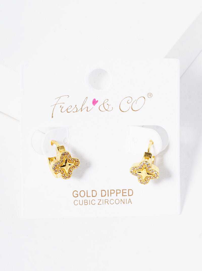 18K Gold Dipped Micro Pave Set Cubic Zirconia Quatrefoil 10mm Huggie Hoop Earrings