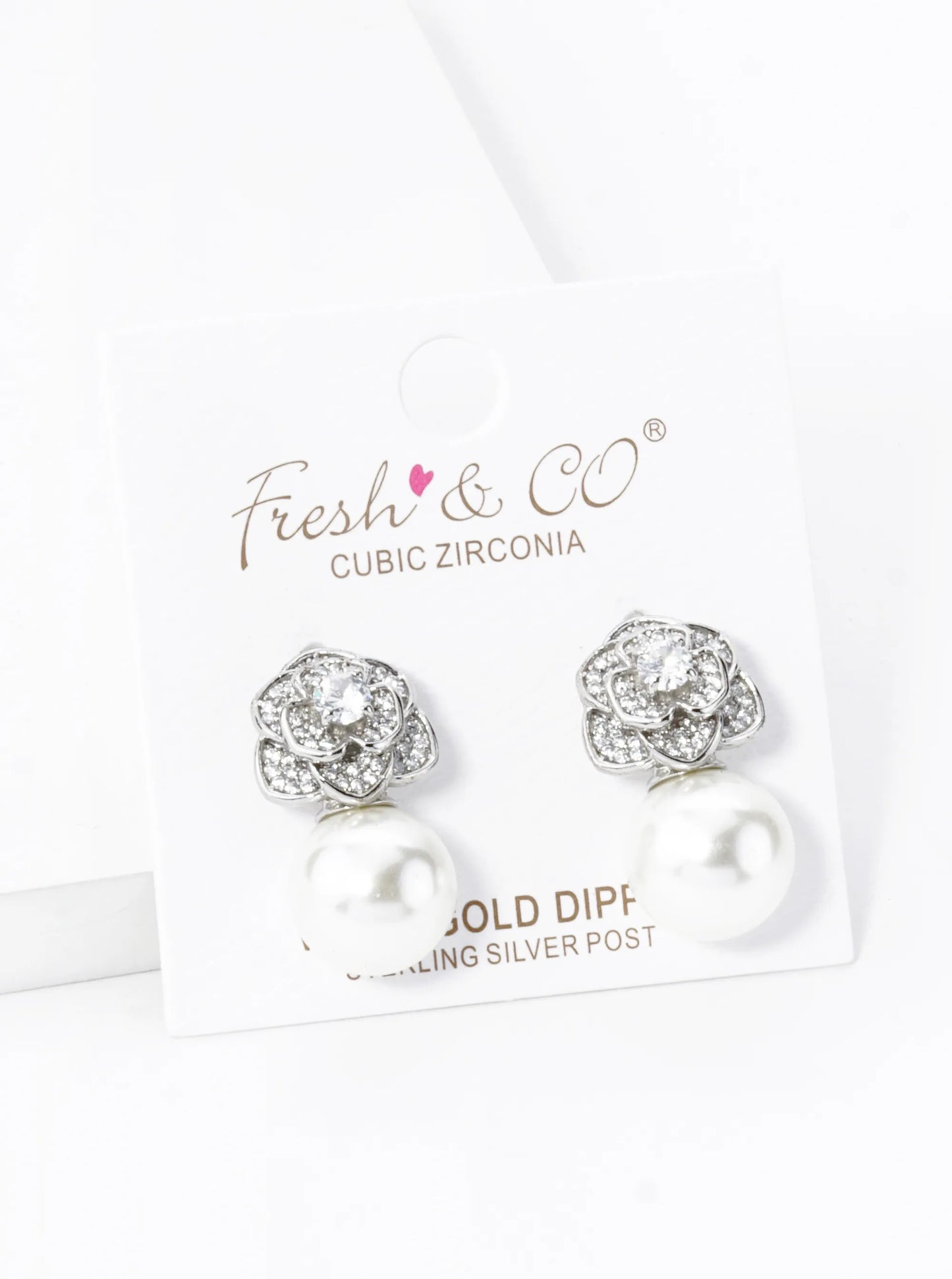 18K Gold Dipped Micro Pave Set Cubic Zirconia Rose Flower With 11mm Pearl Post Earrings