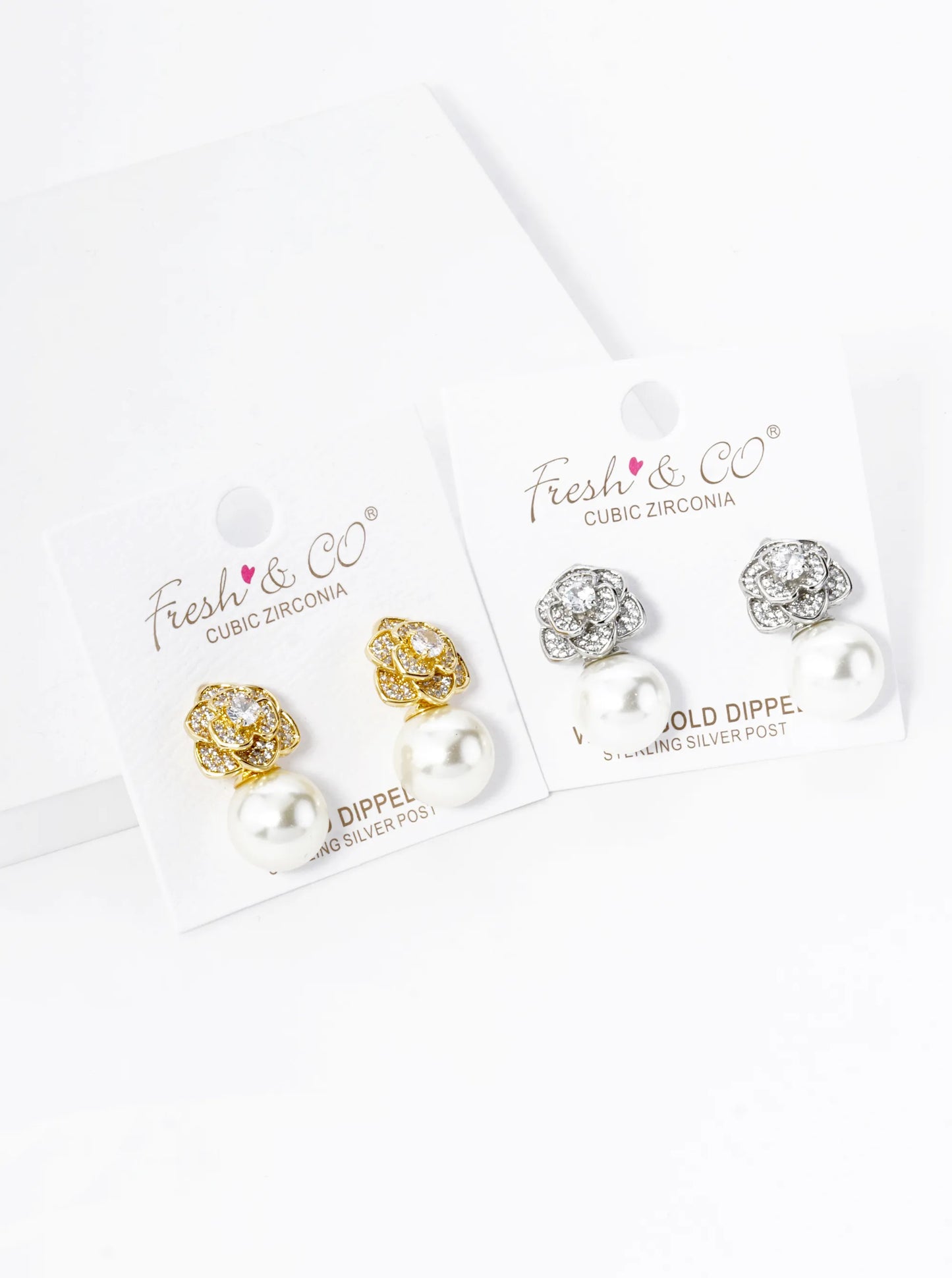 18K Gold Dipped Micro Pave Set Cubic Zirconia Rose Flower With 11mm Pearl Post Earrings