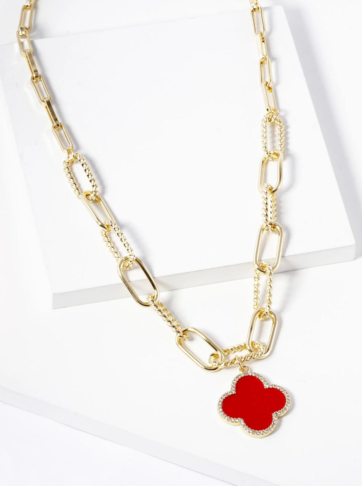 18K Gold Dipped Micro Pave Set Cubic Zirconia Semi-Precious Quatrefoil Pendant Chain Necklace