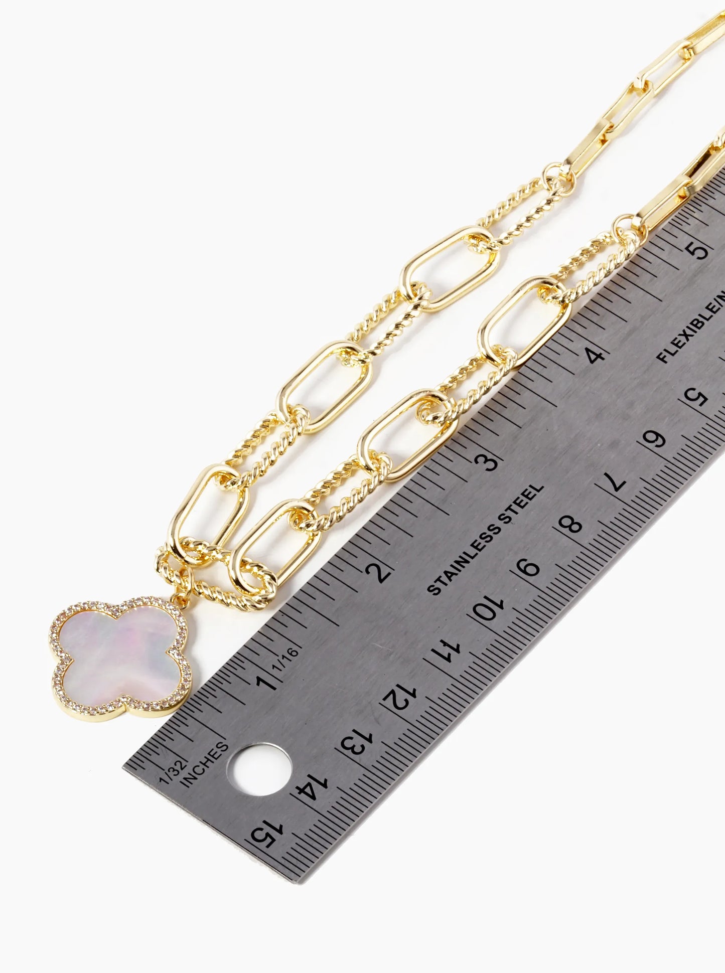 18K Gold Dipped Micro Pave Set Cubic Zirconia Semi-Precious Quatrefoil Pendant Chain Necklace