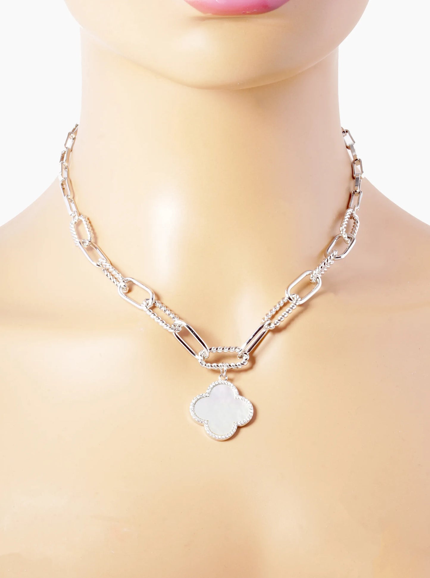 18K Gold Dipped Micro Pave Set Cubic Zirconia Semi-Precious Quatrefoil Pendant Chain Necklace