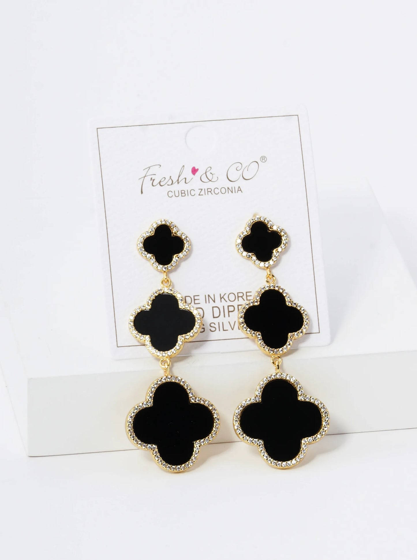 18K Gold Dipped Micro Pave Set Cubic Zirconia Three Graduated Quatrefoil Drop Dangle Post Earrings