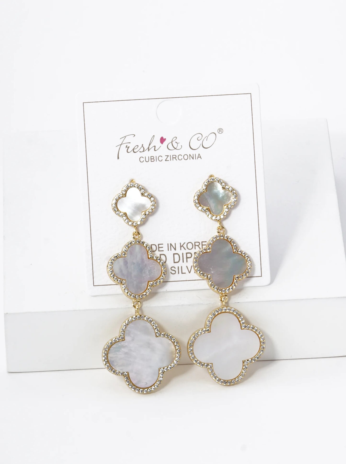18K Gold Dipped Micro Pave Set Cubic Zirconia Three Graduated Quatrefoil Drop Dangle Post Earrings