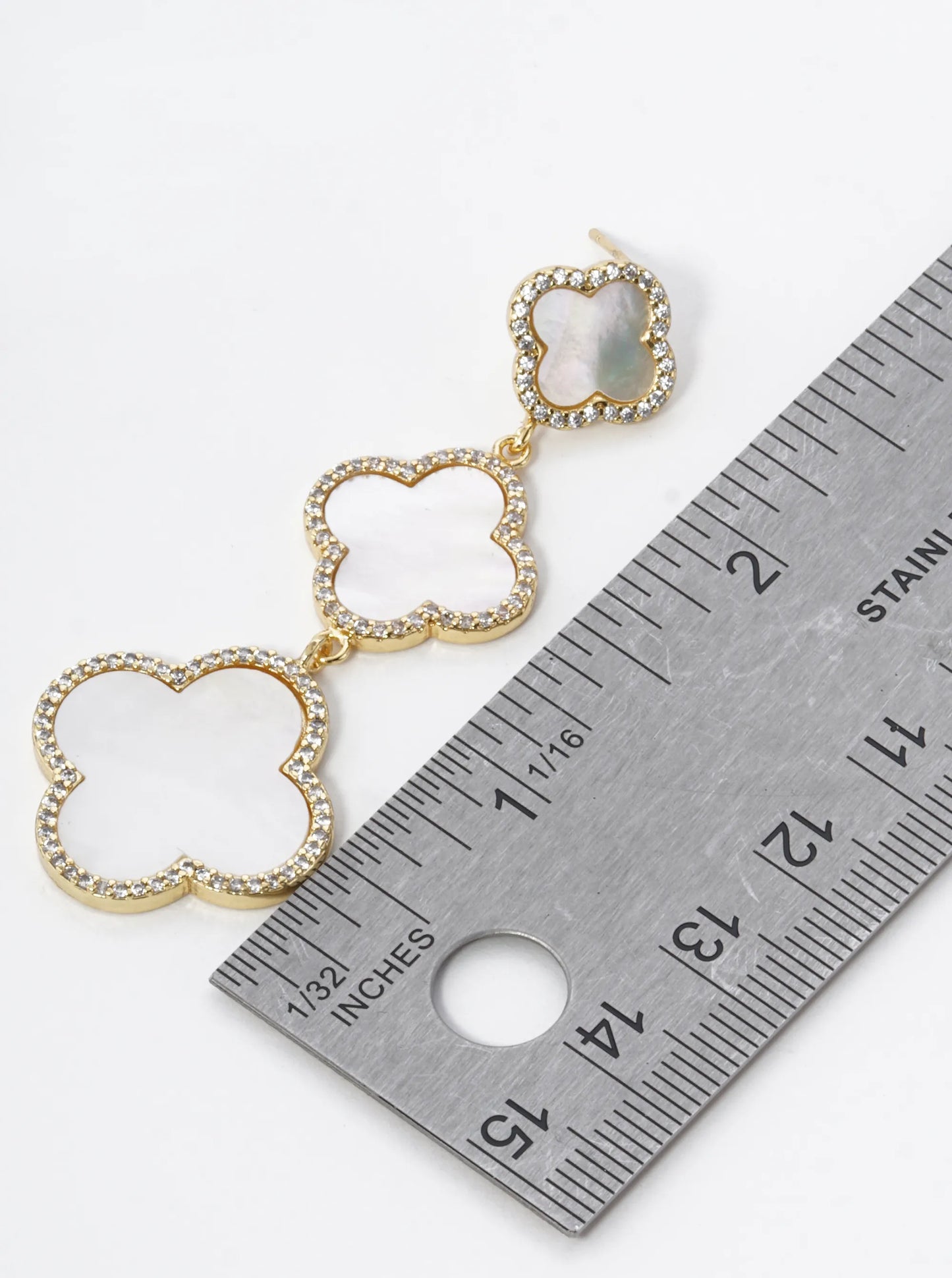 18K Gold Dipped Micro Pave Set Cubic Zirconia Three Graduated Quatrefoil Drop Dangle Post Earrings