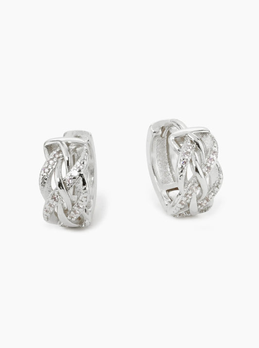 18K Gold Dipped Micro Pave Set Cubic Zirconia Weave Texture 12mm Huggie Hoop Earrings