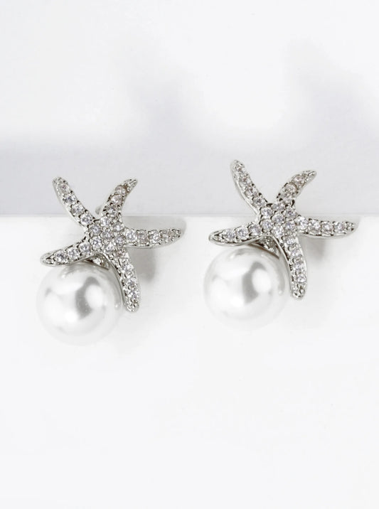 18K Gold Dipped Micro Pave Set Sea Stars Starfish 8mm Pearl Stud Earrings