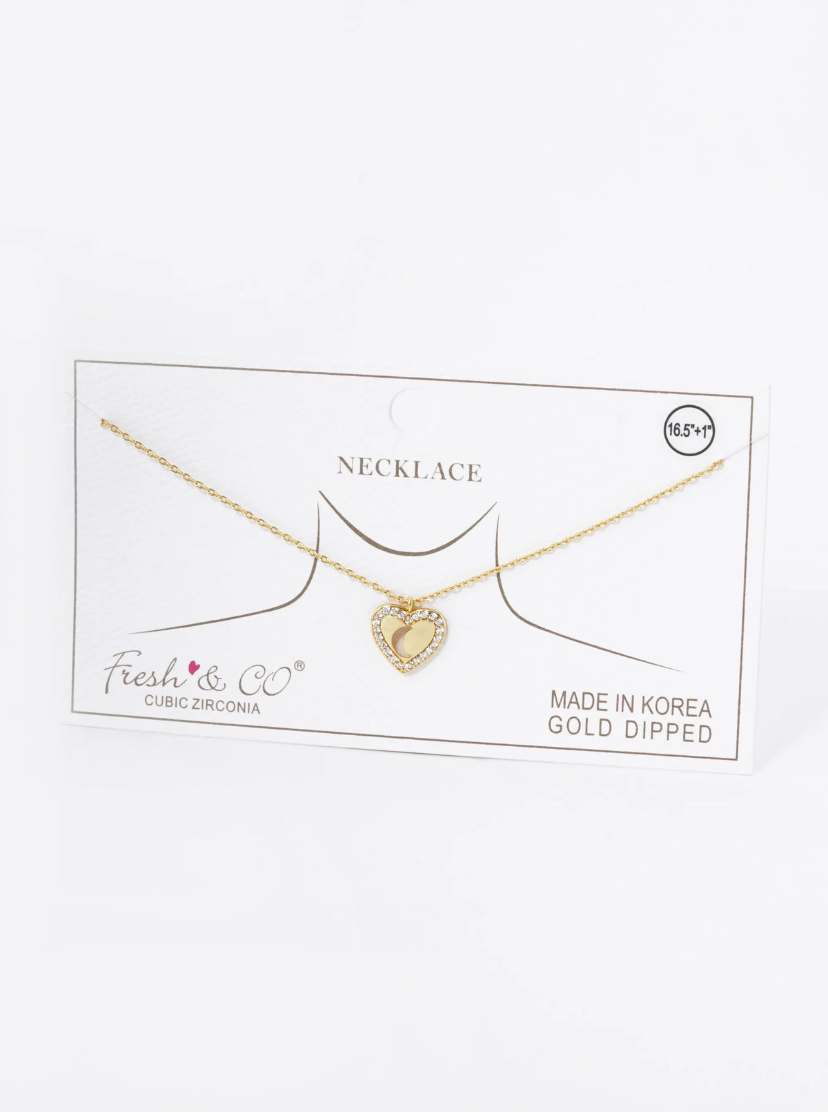 18K Gold Dipped Moon Cutout CZ Pave Heart Pendant Necklace