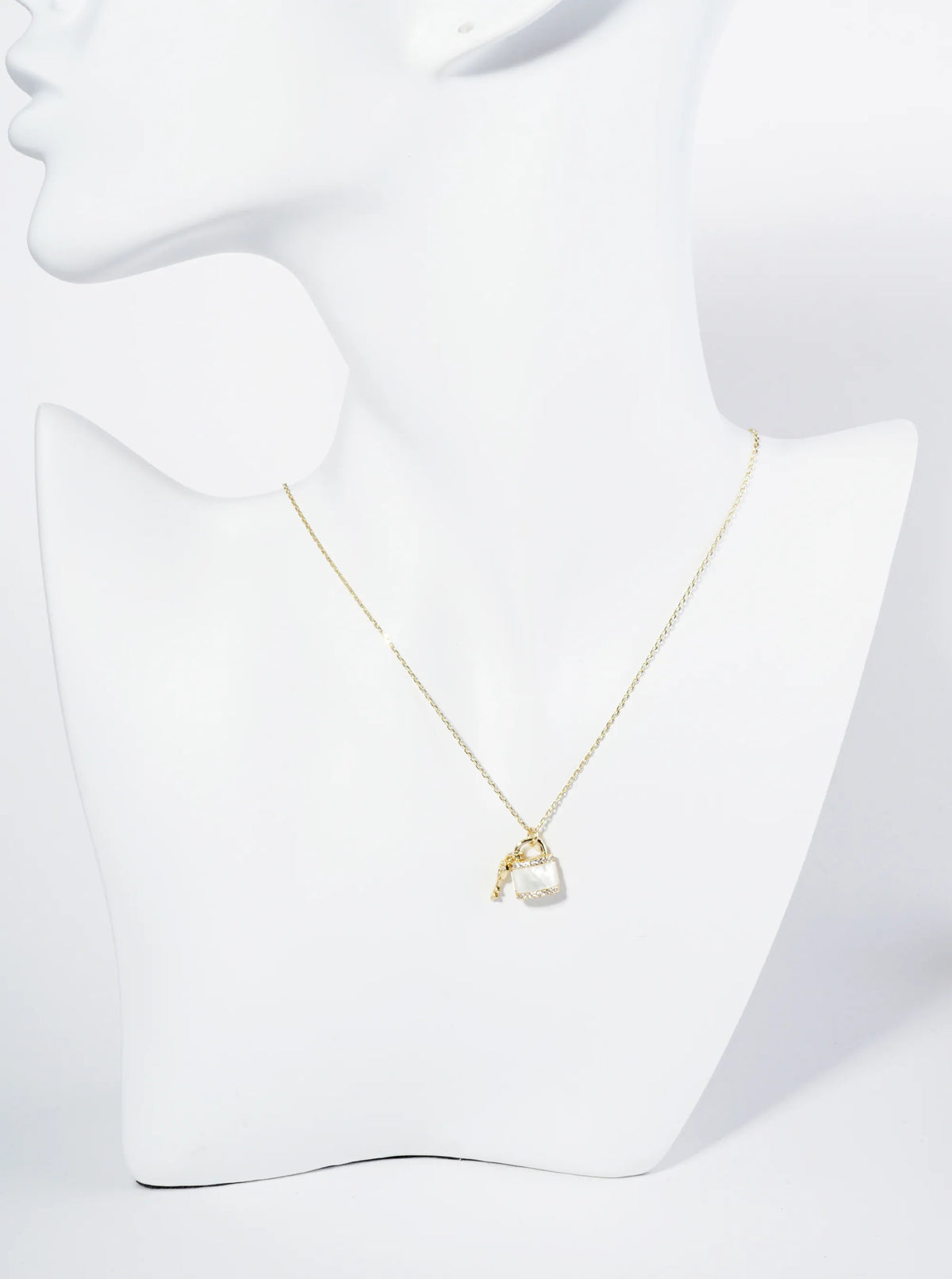 18K Gold Dipped Mother Of Pearl CZ Key And Padlock Pendant Necklace