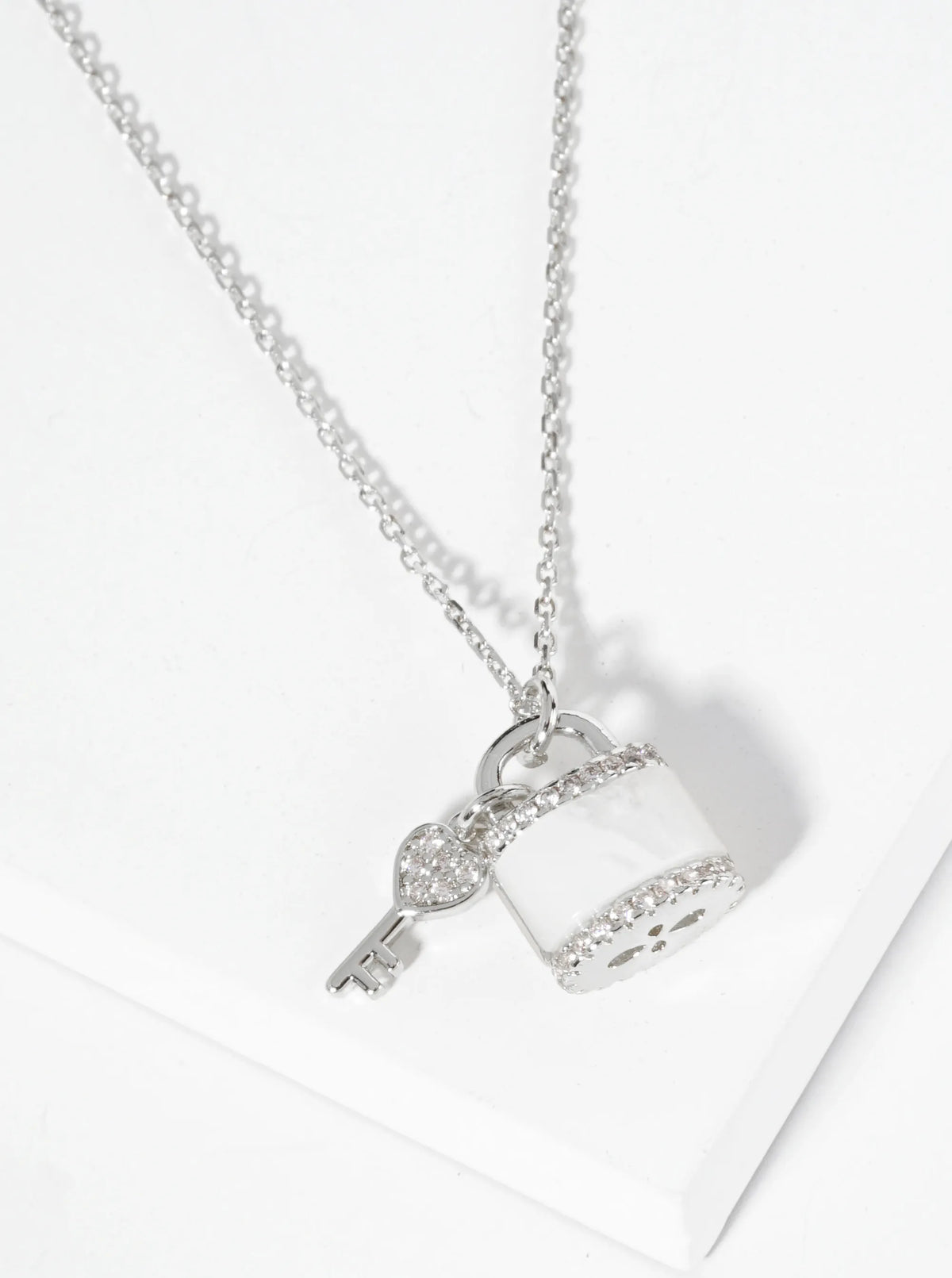 18K Gold Dipped Mother Of Pearl CZ Key And Padlock Pendant Necklace