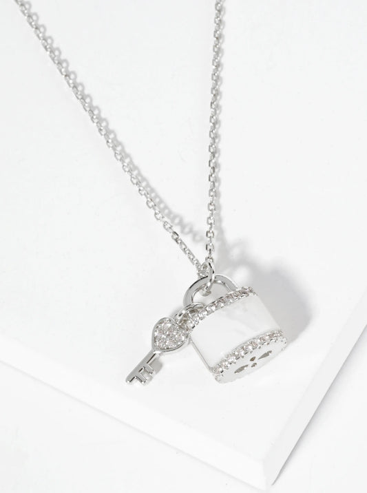 18K Gold Dipped Mother Of Pearl CZ Key And Padlock Pendant Necklace