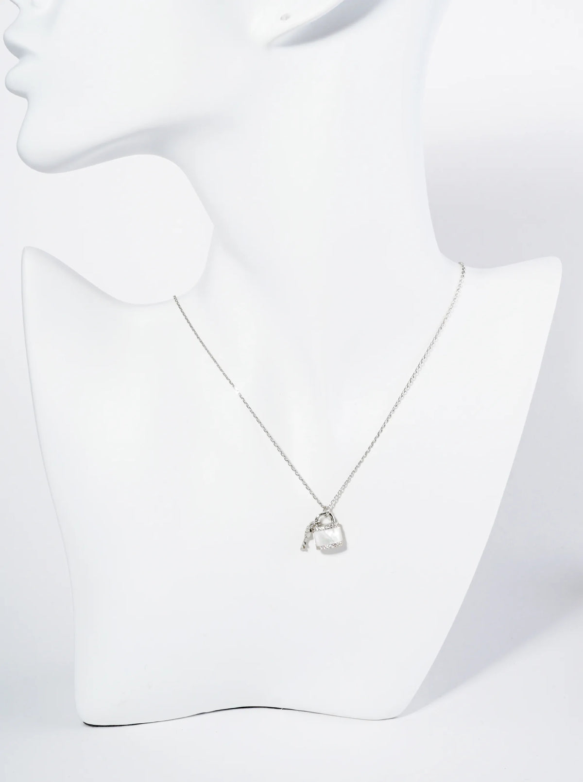 18K Gold Dipped Mother Of Pearl CZ Key And Padlock Pendant Necklace