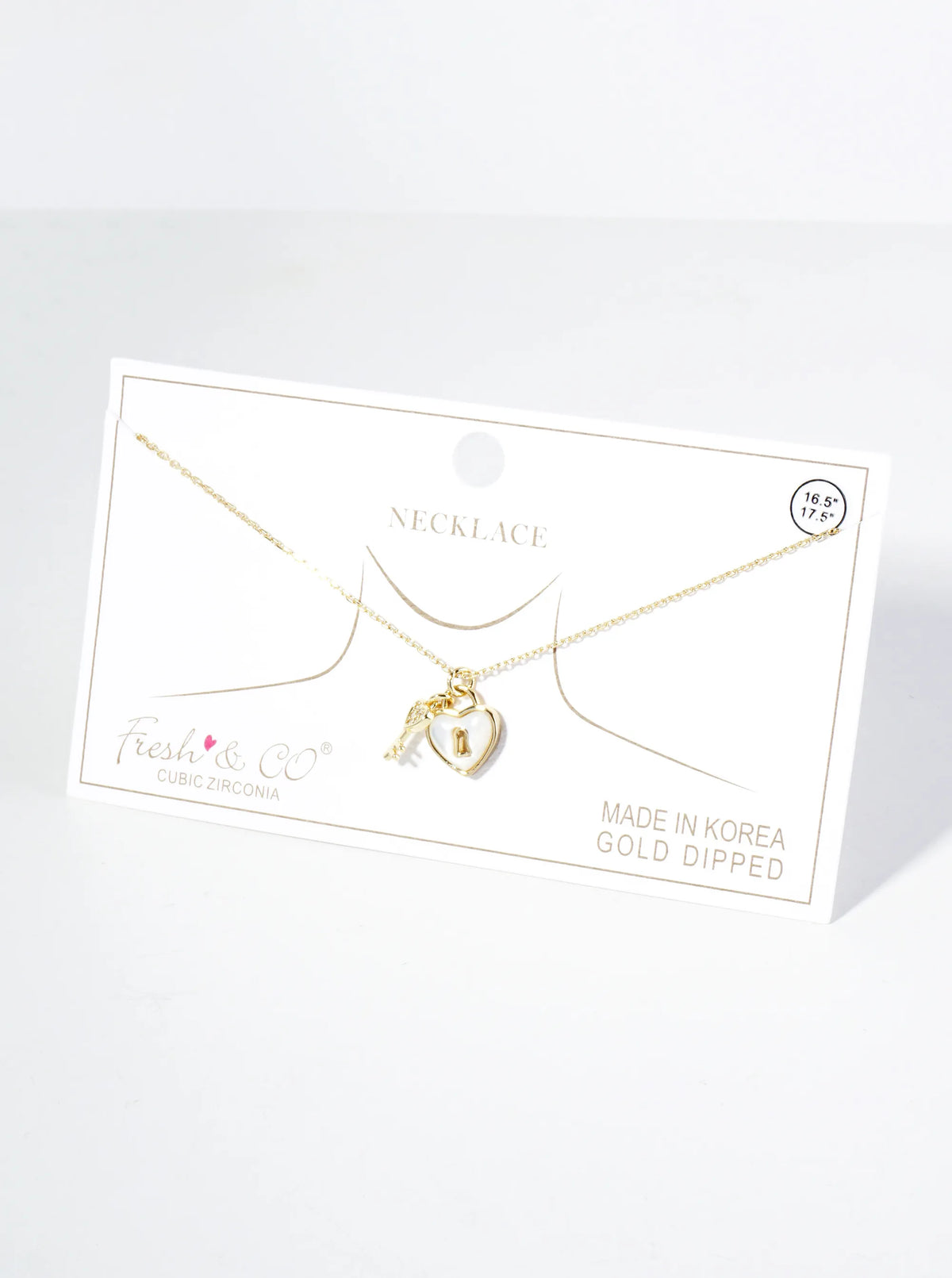 18K Gold Dipped Mother Of Pearl Heart CZ Key Pendant Necklace