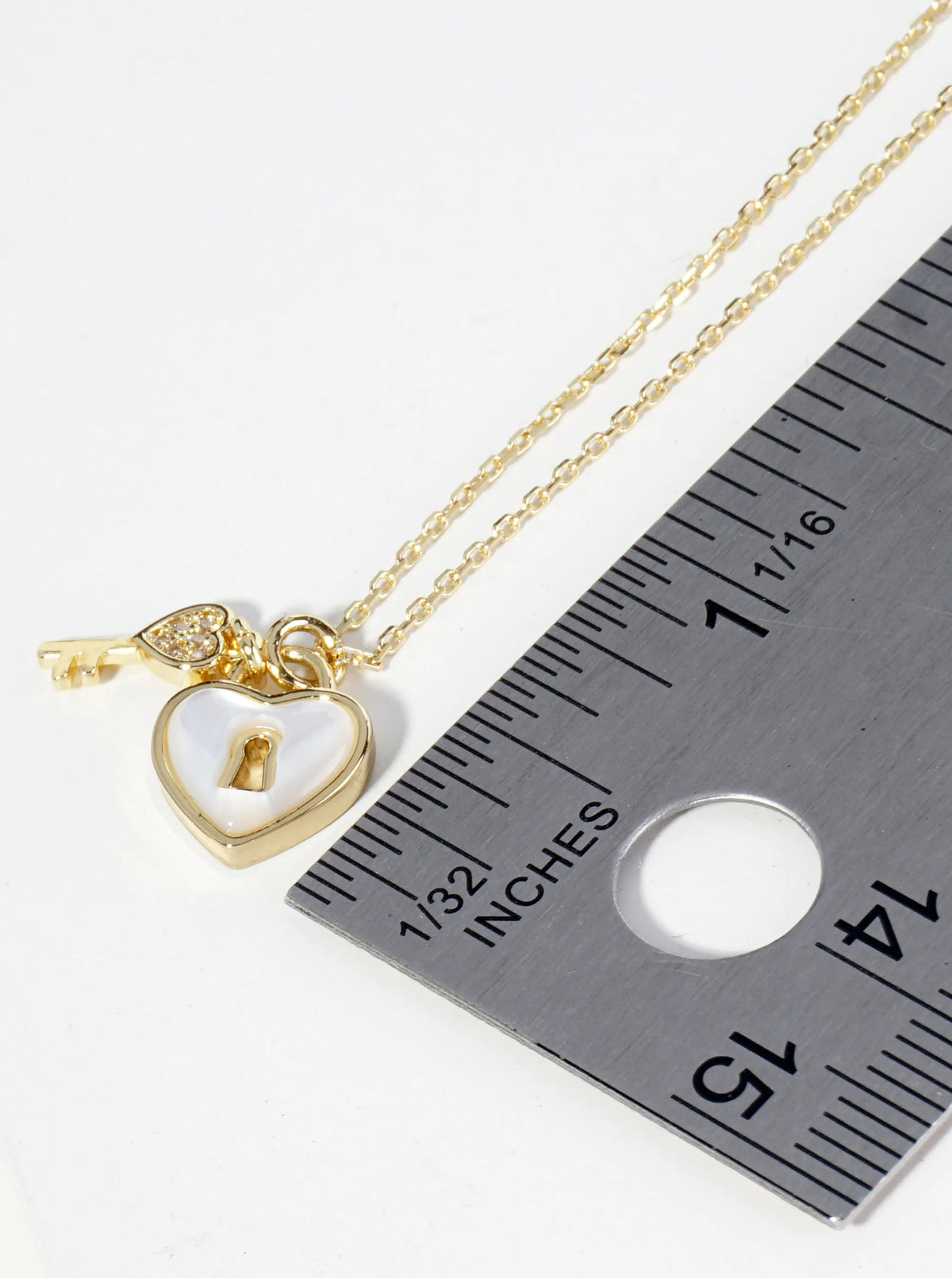 18K Gold Dipped Mother Of Pearl Heart CZ Key Pendant Necklace