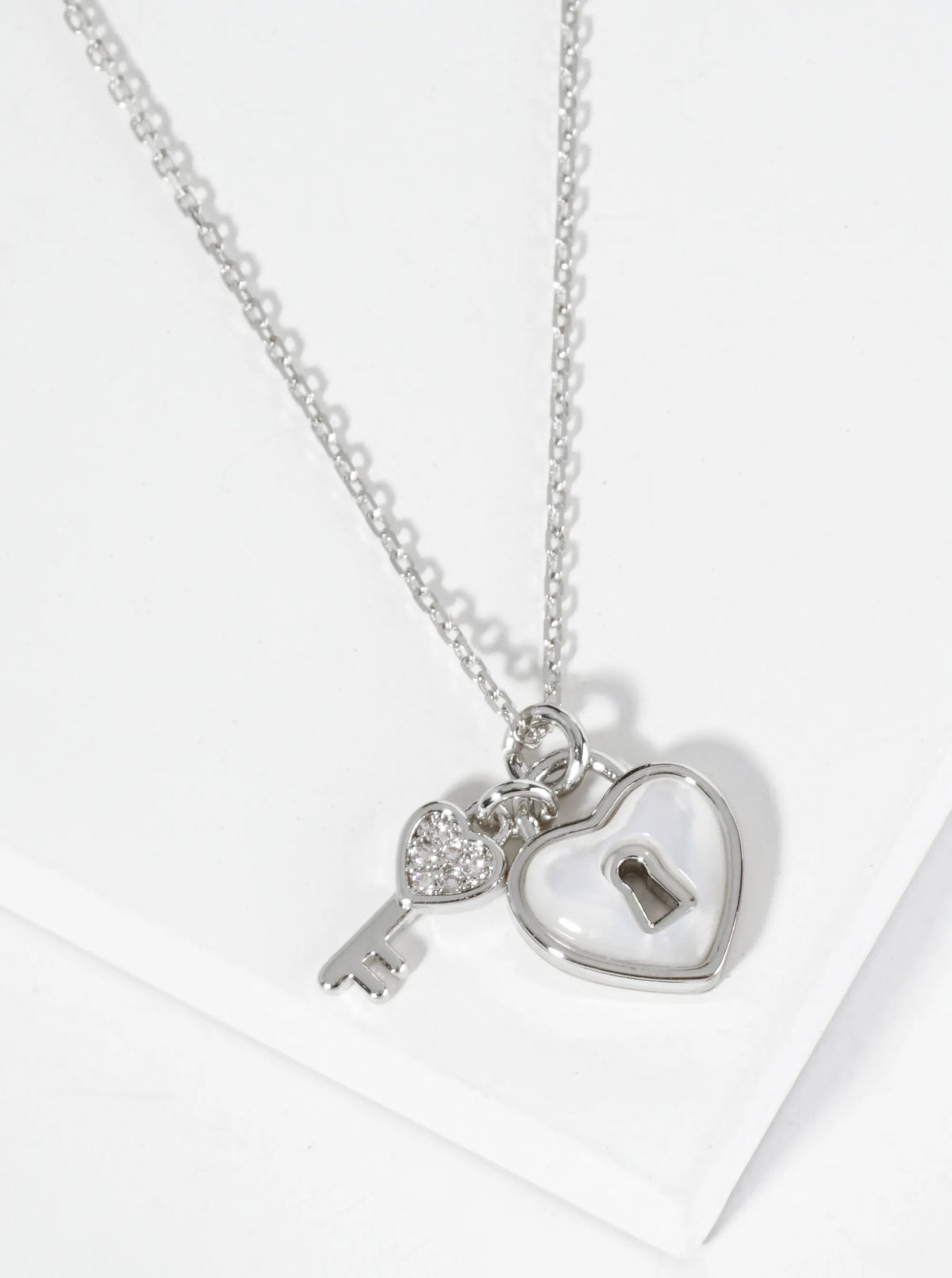 18K Gold Dipped Mother Of Pearl Heart CZ Key Pendant Necklace