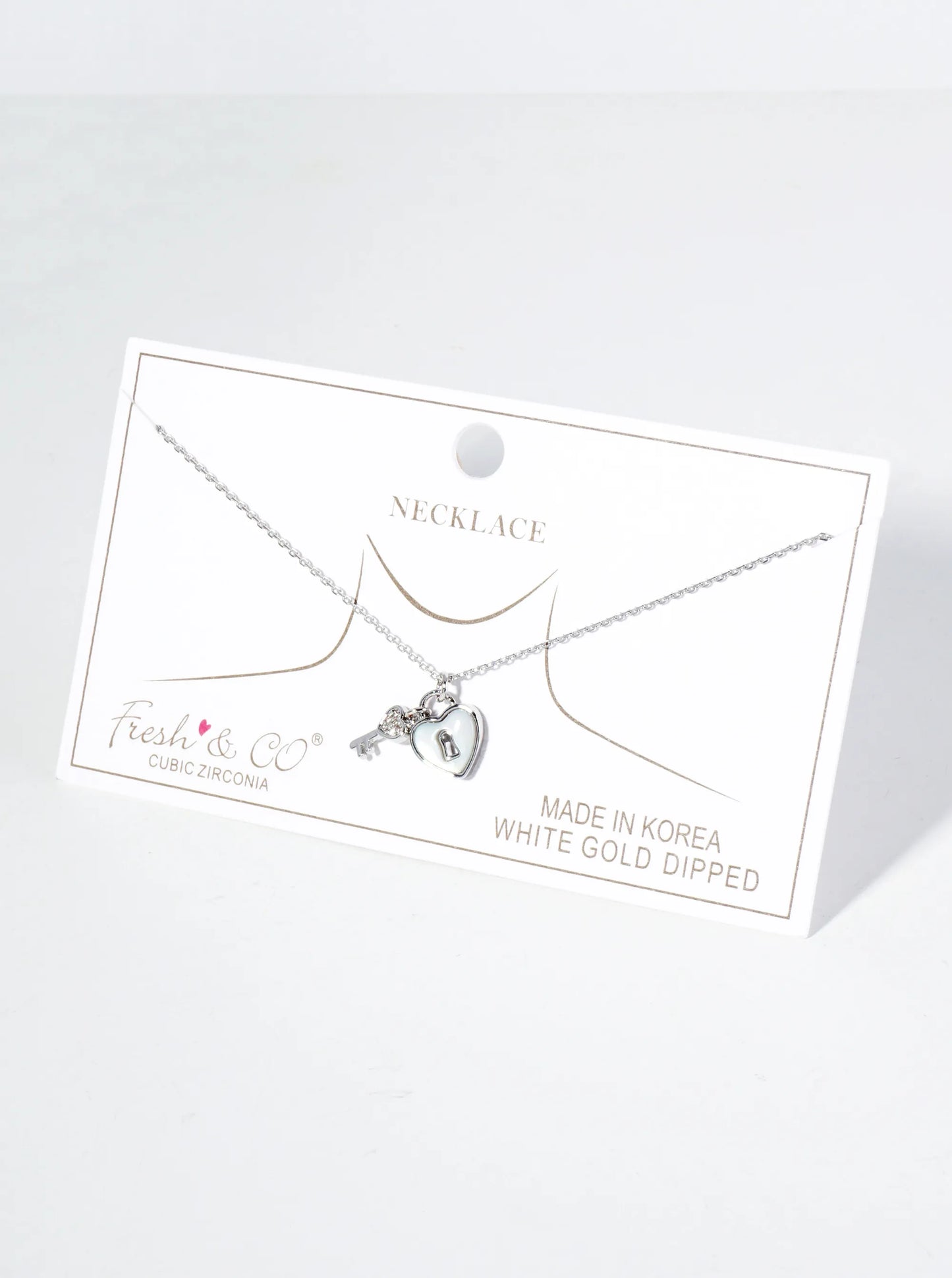 18K Gold Dipped Mother Of Pearl Heart CZ Key Pendant Necklace