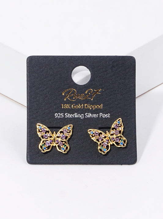 18K Gold Dipped Multi Color CZ Pave Butterfly Stud Earrings